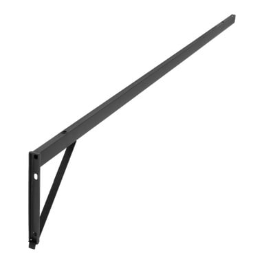 Svart metallfäste med en lång horisontell stång och kort diagonal stöd, förborrad för väggmontering eller förstärkning.