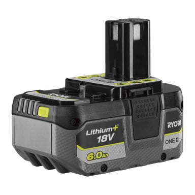 Ett Ryobi One+ RB1860X 18V 6,0Ah-batteri med grått och svart hölje, gulgröna detaljer, "One+"-etiketter och räfflade sidor för grepp.