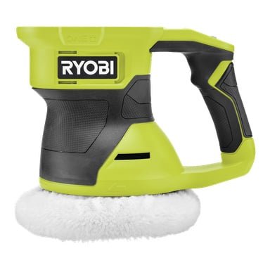 Ein Ryobi One+ RBP18150-0 oszillierender Polierer in Grün und Schwarz mit einem weichen weißen Polierpad an der Basis, das zum Polieren oder Polieren von Oberflächen gedacht ist. Der Griff hat einen strukturierten Griff, um eine komfortable Kontrolle zu gewährleisten.