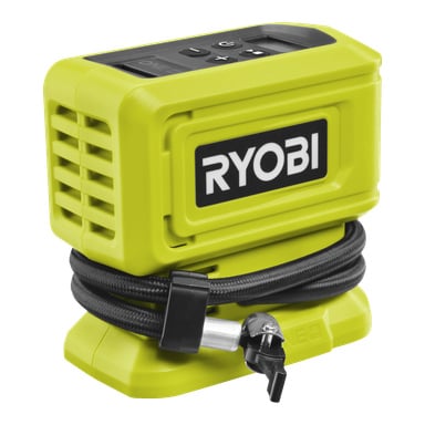 Eine kleine, leuchtend grüne Ryobi One+ batteriebetriebene Mini-Luftpumpe RPI18-0 mit schwarzem oberen Bedienfeld, einem aufgerollten schwarzen Luftschlauch und einer silbernen Düse, geeignet zum Aufpumpen von Reifen oder Sportausrüstung.