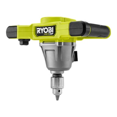 Ett gult och svart Ryobi One+ HP Agitator RPM18X-0 elverktyg med T-format handtag och metallborr, designat för att blanda eller borra tunga material.