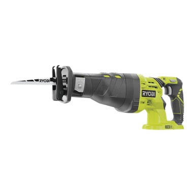 Ryobi One+ R18RS-0 stempelsag har et svart og grønt design, et ergonomisk håndtak, et tydelig blad og fremtredende Ryobi-merke. Verktøyet sees fra siden.