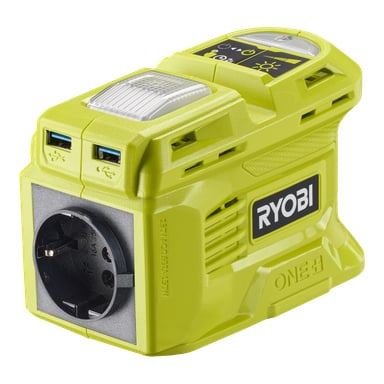 En ljusgrön Ryobi One+ Voltage-omvandlare, modell "RY18BI150B", har ett stort eluttag, två USB-portar, knappar märkta på toppen och på sidan visas "Ryobi"-logotypen.
