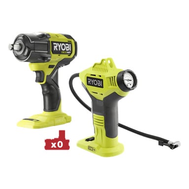 Zwei Ryobi One+ HP-Werkzeuge werden gezeigt: ein akkuloser Schlagschraubenschlüssel (RIW18XPI-0) in Grün und Schwarz sowie ein digitaler Mini-Kompressor (R18PI-0). Beide sind Teil des ONE+-Systems. Ein rotes Batteriesymbol mit der Aufschrift x0 zeigt an, dass diese Produkte keinen Akku enthalten.