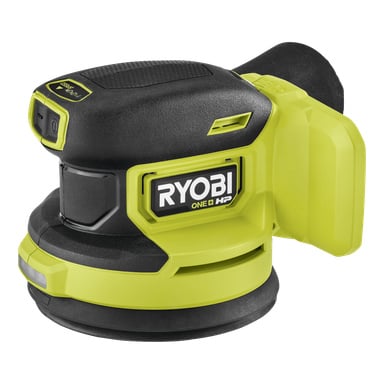 Ryobi One+ HP RROS18C-0 excentrisk slipmaskin i svart och klargrön, visad från sidan med märket tydligt synligt på verktyget.