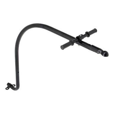Ett styr i svart metall med två grepp, avsett att fästas bakom ett barns cykel för att hjälpa vuxna att styra och stabilisera under träningen.