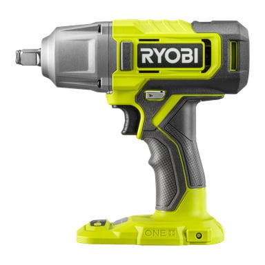 En grön och svart Ryobi One+ Impact Wrench RIW18-0, med RYOBI-logotypen på sidan. Verktyget ses från vänster och har inget batteri anslutet.