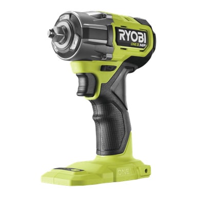 En Ryobi One+ HP slagnyckel RIW18C-0 med svart och ljusgrön design visas i en vinkel, utan batteri anslutet.