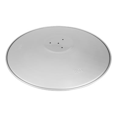 Ett cirkulärt, platt metalllock för takets gasvärmare, med en slät yta, upphöjt centrum med fyra hål och "HOT" präglat två gånger.