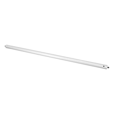 En lång, cylindrisk vit aluminiumstång med två hål nära varje ände och en liten svart kugghjulsliknande del fäst vid ena änden.