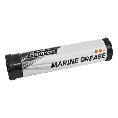 Et sylindrisk rør merket Hamron Marine grease, med et design i hvite, grå og svarte farger, og utstyrt med svarte korker i hver ende.