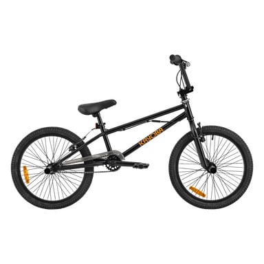 En svart Kayoba BMX-sykkel med oransje hjulreflektorer og merkenavnet "Kayoba" i oransje på rammen.