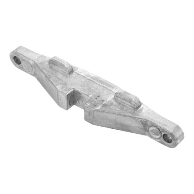 Ett metallfäste för Chain Lock garageportöppnaren har en smal, platt design, med upphöjda flikar upptill och hål i varje ände.