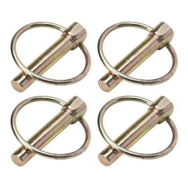 Fyra identiska Hamron Tractor-låsstift med runda trådslingor är prydligt arrangerade i ett rutnät. Varje cylindrisk pinne har en platt ände och matchas med en cirkulär låsring.