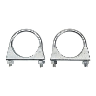 Två identiska Hamron Pipe-klämmor (2-pack) står upprätt. Båda klämmorna har en halvcirkelformad design med platta baser och levereras med muttrar och brickor. Siffror är stämplade på metallytorna.