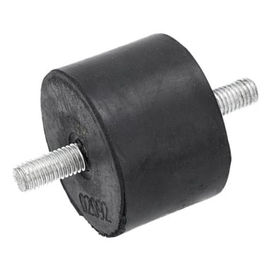 En svart, cylindrisk gummidämpare med en metallgängad regel i båda ändarna.