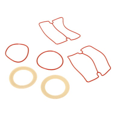 Packningskitets kompressor innehåller fyra röda, oregelbundna gummipackningar och två beige cirkulära gummipackningar.