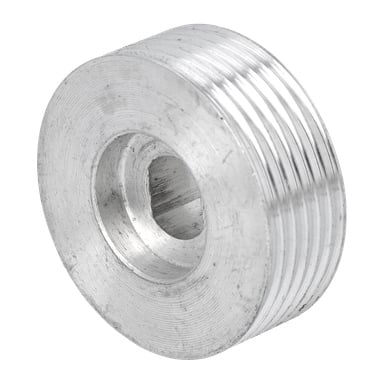 En rund, silverfärgad metallremskiva eller geringssåg med ett centralt hål och flera sidospår, som liknar en gängad distans.