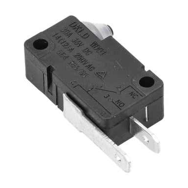 Black Power Switch F. 018517 med metallterminaler, monteringshål, en toppaktuator och tekniska specifikationer visade på ytan.