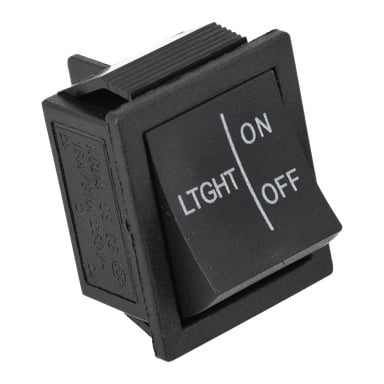 En svart rektangulär vippknapp märkt "LTGHT", med PÅ högst upp, AV nederst, med en linje som delar dem.