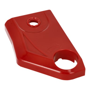 Röd plast Side Cover F. 011229 med två cirkulära hål, kantiga kanter, subtila pilar och en +60°-markering vid det större hålet.