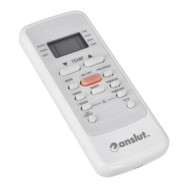 En vit fjärrkontroll med en liten display och knappar för läge, fläkt, temperatur, timer och ström. Anslut är nere till höger.