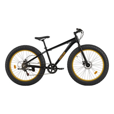 En Kayoba fatbike vises fra siden, med svart ramme, gule felger, skivebremser og rett styre. Ordet "KRADDA" vises oransje på rammen.