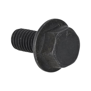 Närbild av Klingbolts bordsågs svarta hexagonala huvudbult, med integrerad bricka och gängad axel.