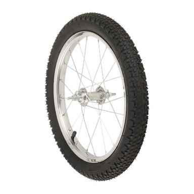 Närbild på en hjulförsedd cykelvagns enda hjul med ett svart knotigt däck, silverekrar och ett silvernav.