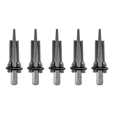 Fem identiska Rock Splitter Wedges från Meec Tools är uppradade vertikalt i en rad. Varje kil har en sexkantig bas, spetsiga spårade metallskaft och gummiringar lindade runt skaften.