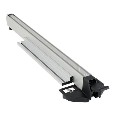 Ett rak verktyg med rektangulär aluminiumkropp, svart bas, skjutklämma och ratt för exakt skärning eller styrning.
