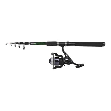 Kayoba Fishing Reel Set inkluderar ett hopfällbart teleskopspö med flera liner, en fäst spinnrulle, ett dämpat svart skumgrepp och iögonfallande gröna och svarta detaljer längst ner.