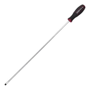 En Meec Tools slitsad skruvmejsel med ett svart och rött handtag och ett smalt silverskaft.