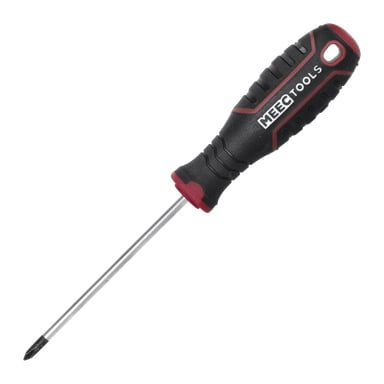 En MEEC Tools Phillips-skruvmejsel med svart och rött handtag som har gummigrepp, ett hål för upphängning och ett rakt metallskaft som avslutas i en korstopp.