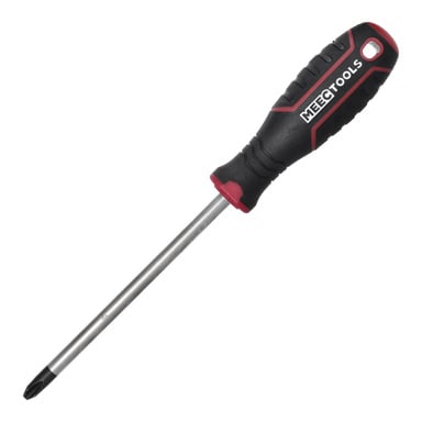 En Meec Tools Phillips-skruvmejsel med svart och rött handtag, ett långt metallskaft och en korsformad spets.