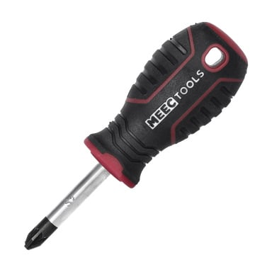 En Meec Tools Phillips Pozidriv-skruvmejsel med kort metallaxel och ergonomiskt utformat handtag i svart och rött.