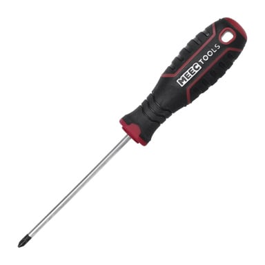 En Phillips Pozidriv-skruvmejsel med ett svart och rött handtag märkt Meec Tools och ett metallskaft, placerat med spetsen vinklad mot nedre vänstra sidan.