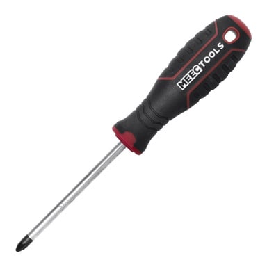En Meec Tools Phillips Pozidriv-skruvmejsel med ett svart och rött texturerat handtag och ett metallskaft.