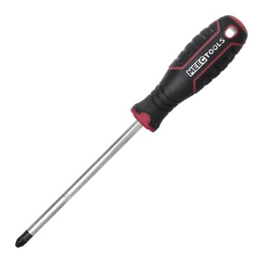 En Meec Tools Phillips Pozidriv-skruvmejsel med svart och rött ergonomiskt handtag och förlängd metallaxel.