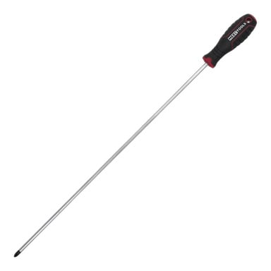 En Meec Tools Phillips Pozidriv-skruvmejsel med långt silverskaft och ett ergonomiskt handtag i svart och rött.