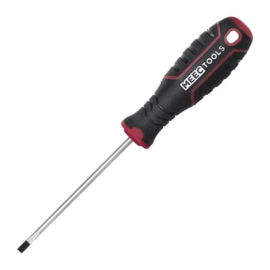 En Meec Tools slitsad skruvmejsel med ett svart och rött ergonomiskt handtag som har strukturerade grepp, ett metallskaft och ett hängande hål nära spetsen på handtaget.