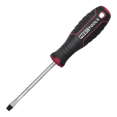 En Meec Tools slitsad skruvmejsel med ett svart och rött handtag som visar varumärket. Metallskaftet är toppat med en platt spets, och handtaget har ett hål i änden för enkel upphängning eller förvaring.
