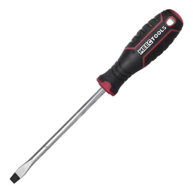 En Meec Tools platt skruvmejsel med svart och rött handtag och en förlängd metallaxel som slutar i ett platt blad.