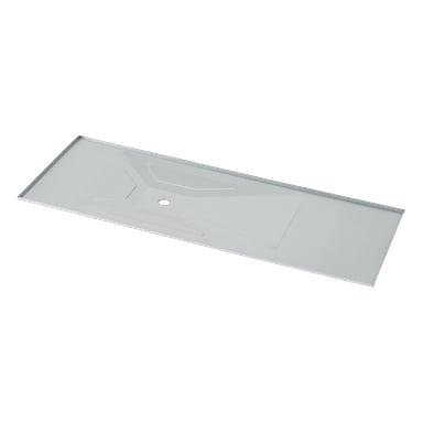 En rektangulär metallplåt med upphöjda kanter, en X-formad mittinbukt och ett centralt runt hål. Ytan är blank och slät.