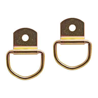 Hamron Lashing Ring 2 Pack posiada dwa metalowe kółka w kolorze złotym przymocowane do płyt montażowych, każdy z pojedynczym otworem przeznaczonym do mocowania śrub.