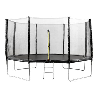 En rund Kayoba-trampoline med solide metallben, komplett med sikkerhetsnett som har glidelåsformet inngang og en liten stige foran.