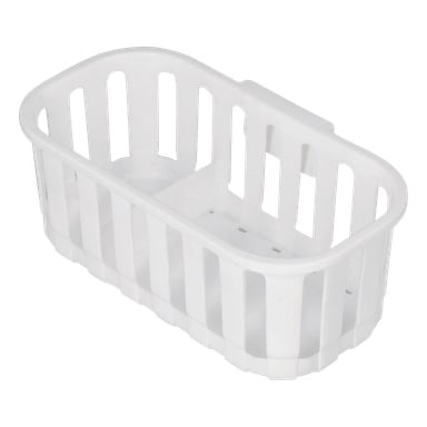 En vit rektangulär plastkorg för badkar med rundade hörn och vertikala springor på sidor och botten, perfekt för organisering.
