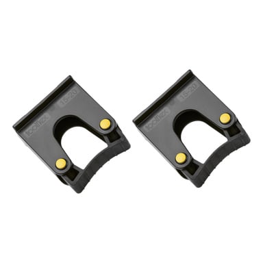Två svarta och gula Toolflex-verktygshållare märkta "2-pack", vardera med en U-formad öppning och räfflad greppyta.