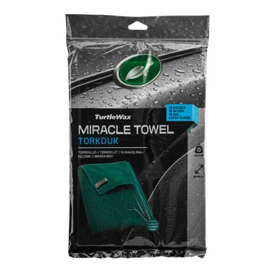 Teal mikrofiber Turtle Wax Miracle Towel i en klar plastpakke med biltema og teksten MIRACLE TOWEL og TORKDUK.