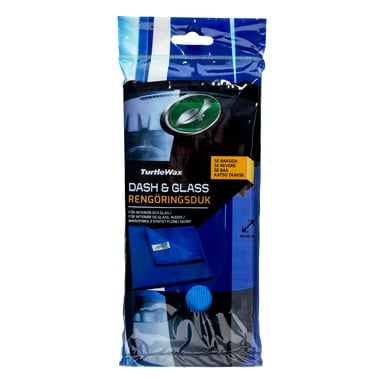 Turtle Wax Cleaning Cloth för invändig glas, gummi, mikrofiber och syntetiskt läder i svart förpackning med blå och gula detaljer.